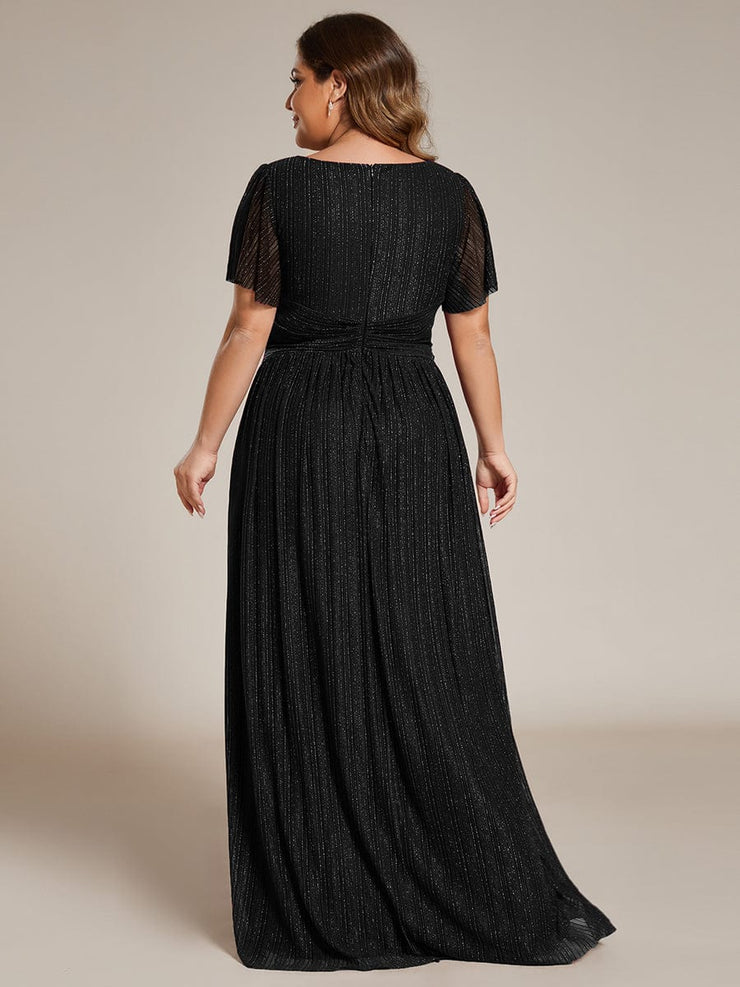 Plus Size Sparkle Short Sleeves Formal Evening Dress with V-Neck