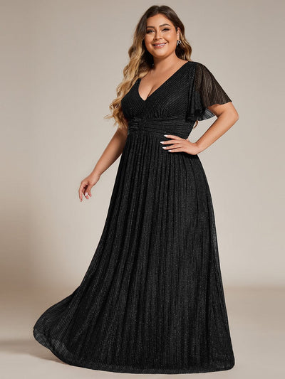 Plus Size Sparkle Short Sleeves Formal Evening Dress with V-Neck