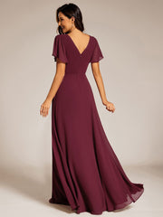 Chiffon A-Line Pleated Evening Dress with Short Sleeves and Sequin Waist