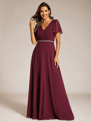 Chiffon A-Line Pleated Evening Dress with Short Sleeves and Sequin Waist