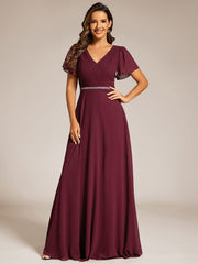 Chiffon A-Line Pleated Evening Dress with Short Sleeves and Sequin Waist