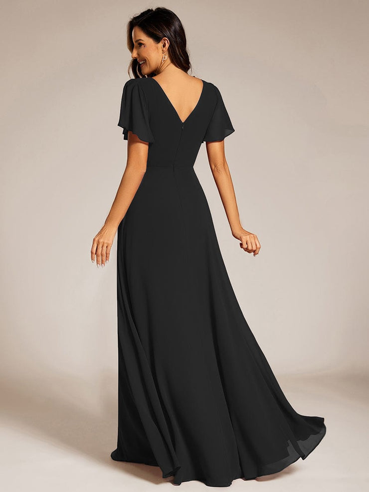 Chiffon A-Line Pleated Evening Dress with Short Sleeves and Sequin Waist