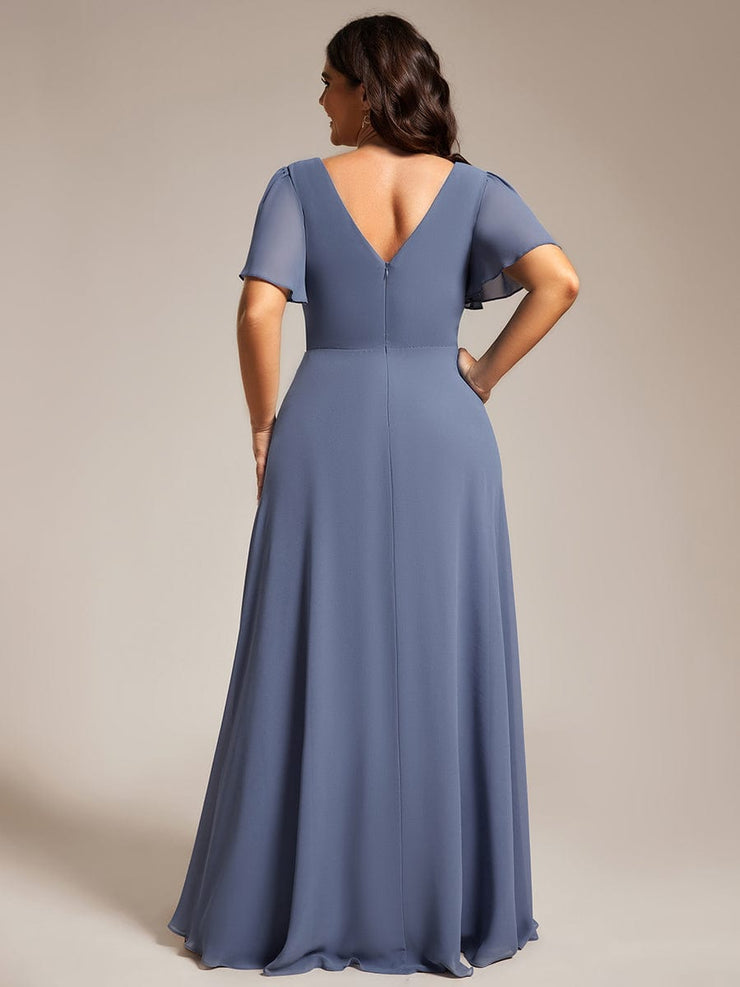 Chiffon A-Line Pleated Evening Dress with Short Sleeves and Sequin Waist