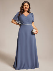 Chiffon A-Line Pleated Evening Dress with Short Sleeves and Sequin Waist