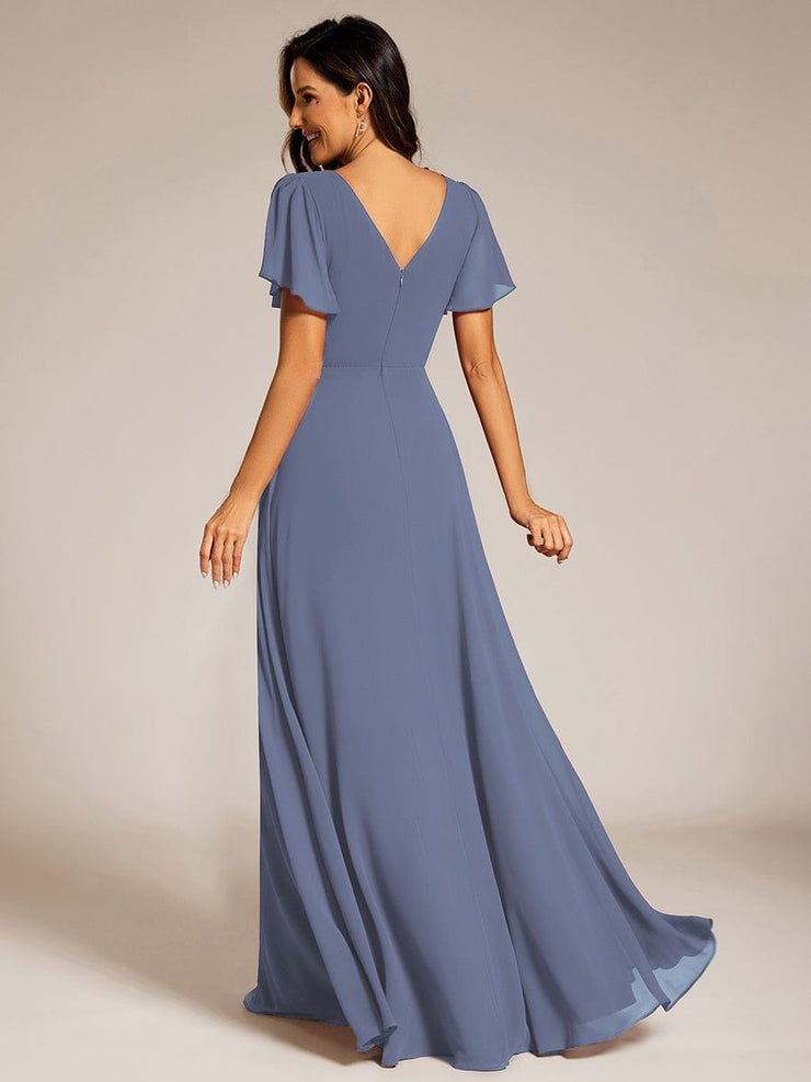 Chiffon A-Line Pleated Evening Dress with Short Sleeves and Sequin Waist