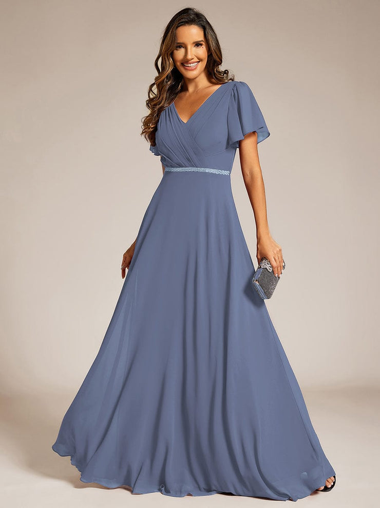 Chiffon A-Line Pleated Evening Dress with Short Sleeves and Sequin Waist