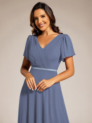 Chiffon A-Line Pleated Evening Dress with Short Sleeves and Sequin Waist