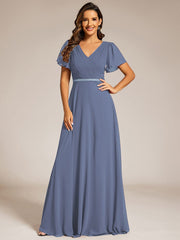 Chiffon A-Line Pleated Evening Dress with Short Sleeves and Sequin Waist