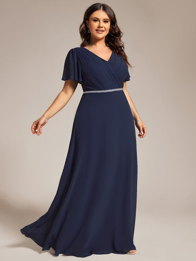 Chiffon A-Line Pleated Evening Dress with Short Sleeves and Sequin Waist