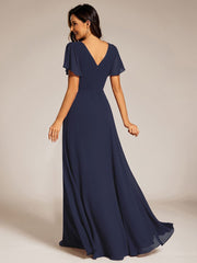 Chiffon A-Line Pleated Evening Dress with Short Sleeves and Sequin Waist