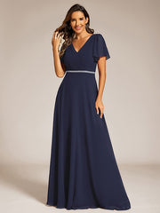 Chiffon A-Line Pleated Evening Dress with Short Sleeves and Sequin Waist