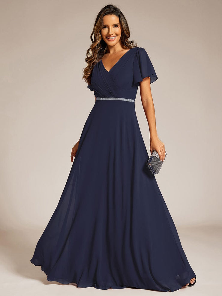 Chiffon A-Line Pleated Evening Dress with Short Sleeves and Sequin Waist