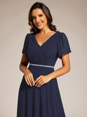 Chiffon A-Line Pleated Evening Dress with Short Sleeves and Sequin Waist