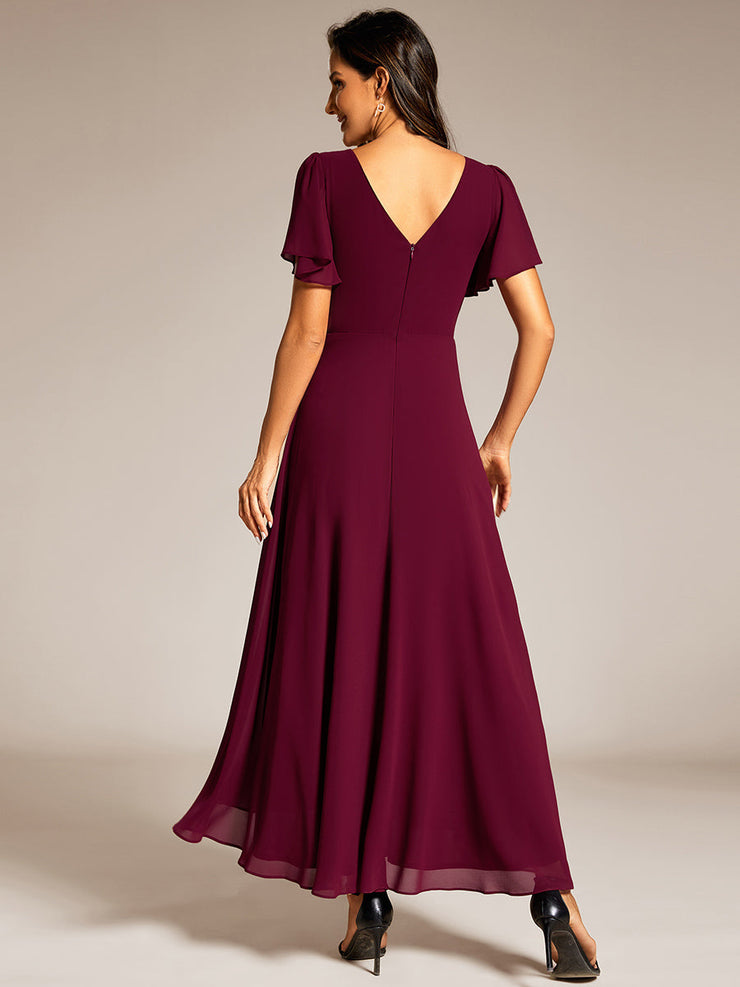 Chiffon Ruffle Sleeves Rhinestone Waist High-Low Evening Dress For Wedding