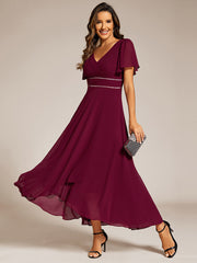 Chiffon Ruffle Sleeves Rhinestone Waist High-Low Evening Dress For Wedding