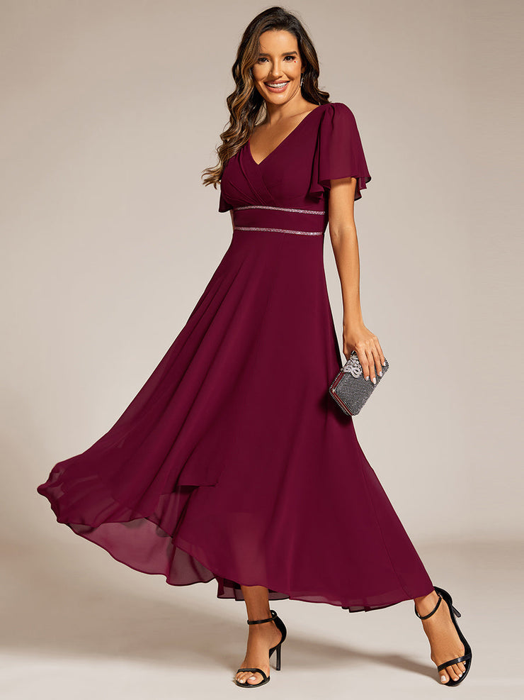 Chiffon Ruffle Sleeves Rhinestone Waist High-Low Evening Dress For Wedding