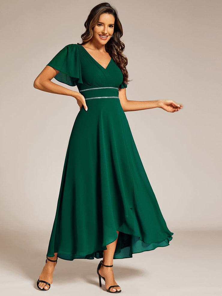 Chiffon Ruffle Sleeves Rhinestone Waist High-Low Evening Dress For Wedding