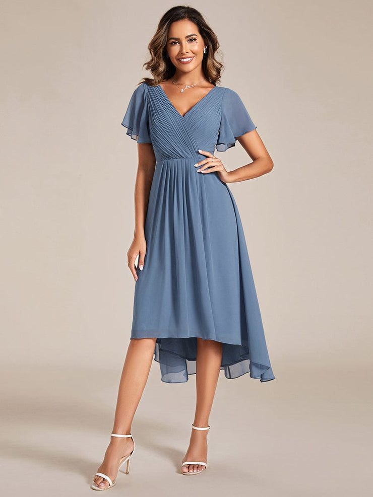 Custom Size Chic V Neck High-Low Wedding Guest Dress