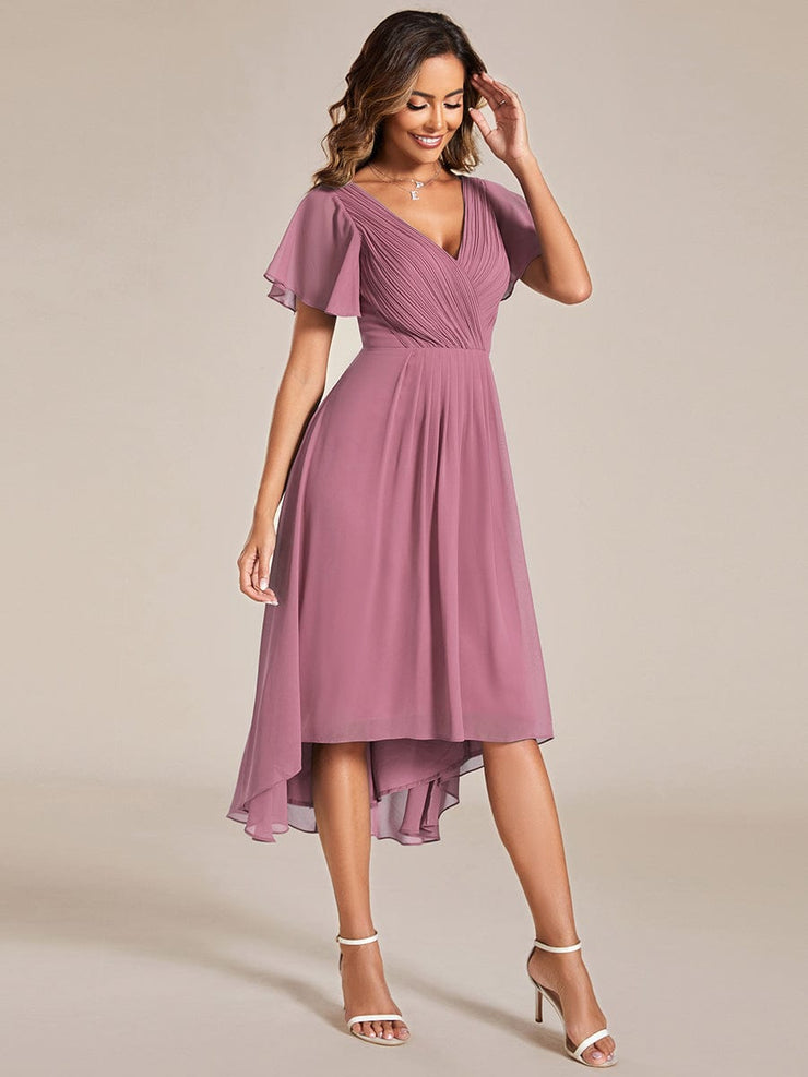 Custom Size Chic V Neck High-Low Wedding Guest Dress