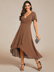 Custom Size Chiffon Elegance Short Sleeve High-Low Wedding Guest Dress