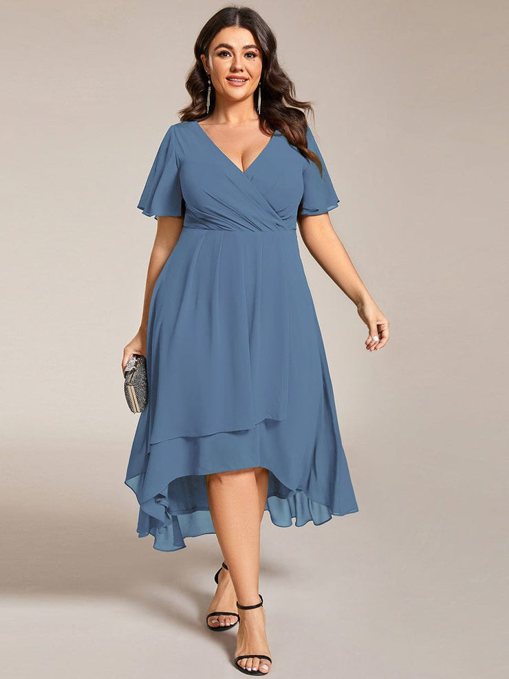 Custom Size Chiffon Elegance Short Sleeve High-Low Wedding Guest Dress