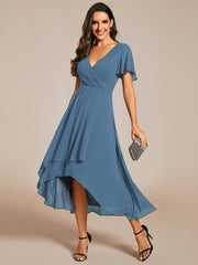 Custom Size Chiffon Elegance Short Sleeve High-Low Wedding Guest Dress