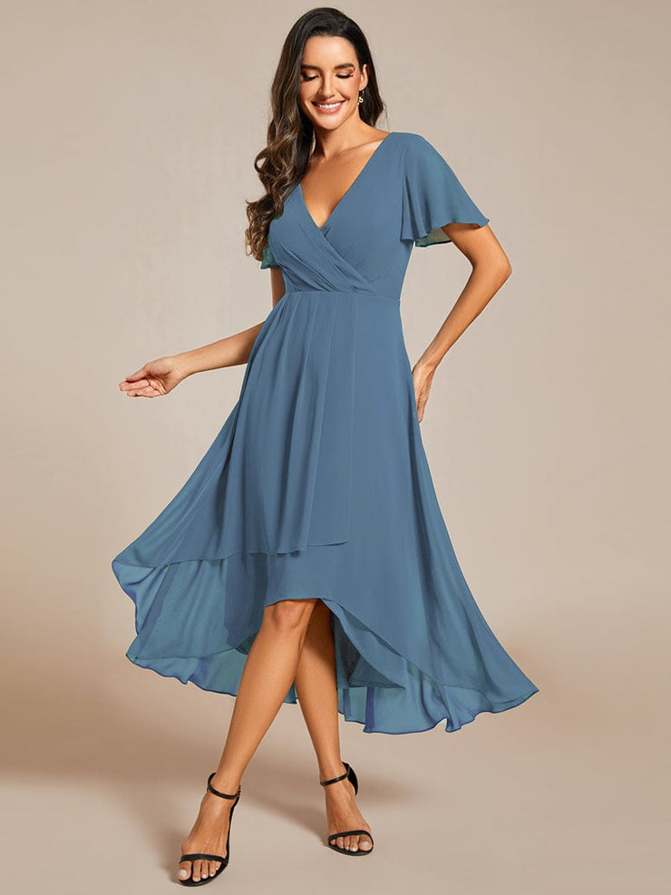 Custom Size Chiffon Elegance Short Sleeve High-Low Wedding Guest Dress