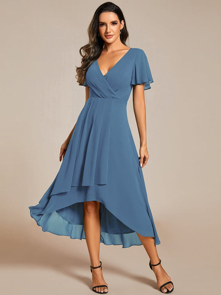 Custom Size Chiffon Elegance Short Sleeve High-Low Wedding Guest Dress