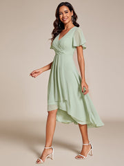 Custom Size Chiffon Elegance Short Sleeve High-Low Wedding Guest Dress