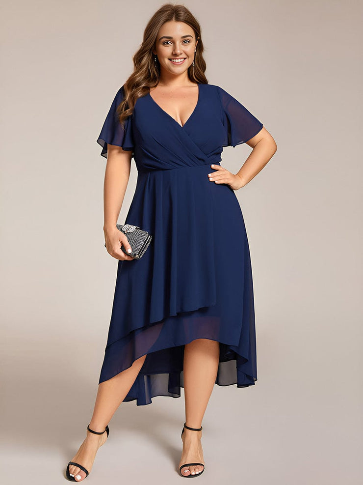 Custom Size Chiffon Elegance Short Sleeve High-Low Wedding Guest Dress