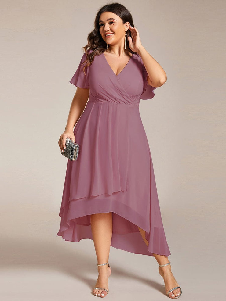 Custom Size Chiffon Elegance Short Sleeve High-Low Wedding Guest Dress