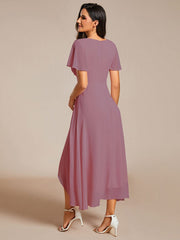 Custom Size Chiffon Elegance Short Sleeve High-Low Wedding Guest Dress