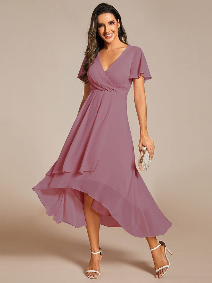 Custom Size Chiffon Elegance Short Sleeve High-Low Wedding Guest Dress