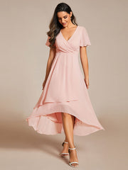 Custom Size Chiffon Elegance Short Sleeve High-Low Wedding Guest Dress