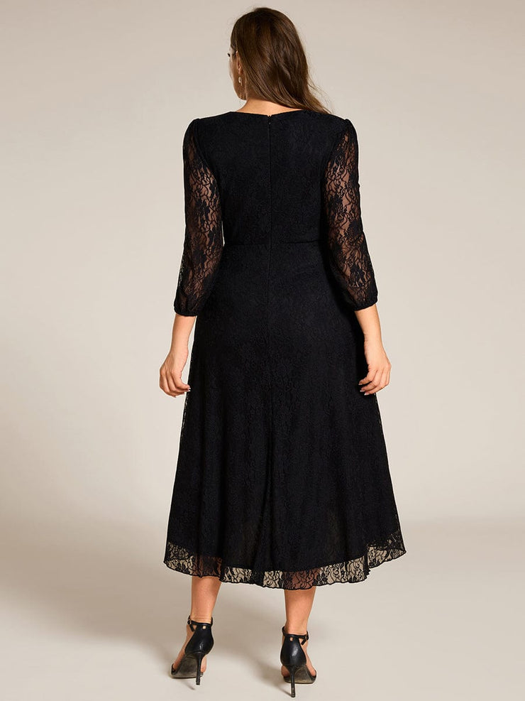 Romantic Long Sleeve High-Low Lace Wedding Guest Dress with Ruffle Details