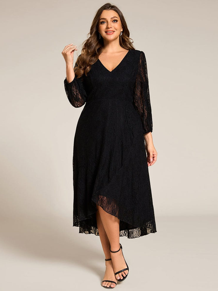 Romantic Long Sleeve High-Low Lace Wedding Guest Dress with Ruffle Details