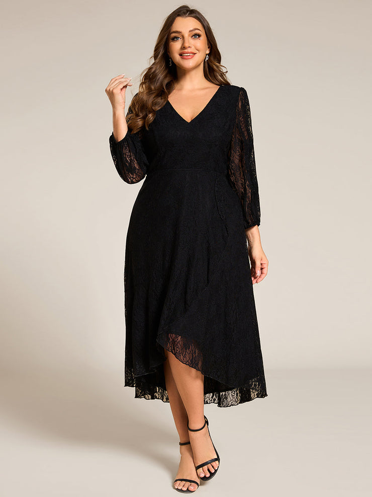 Plus Size Long Sleeve High-Low Lace Wedding Guest Dress with Ruffle Details