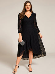 Romantic Long Sleeve High-Low Lace Wedding Guest Dress with Ruffle Details