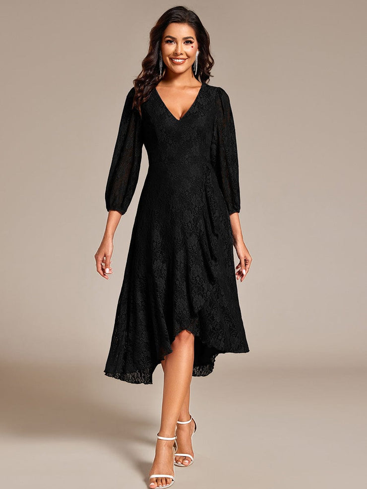 Romantic Long Sleeve High-Low Lace Wedding Guest Dress with Ruffle Details