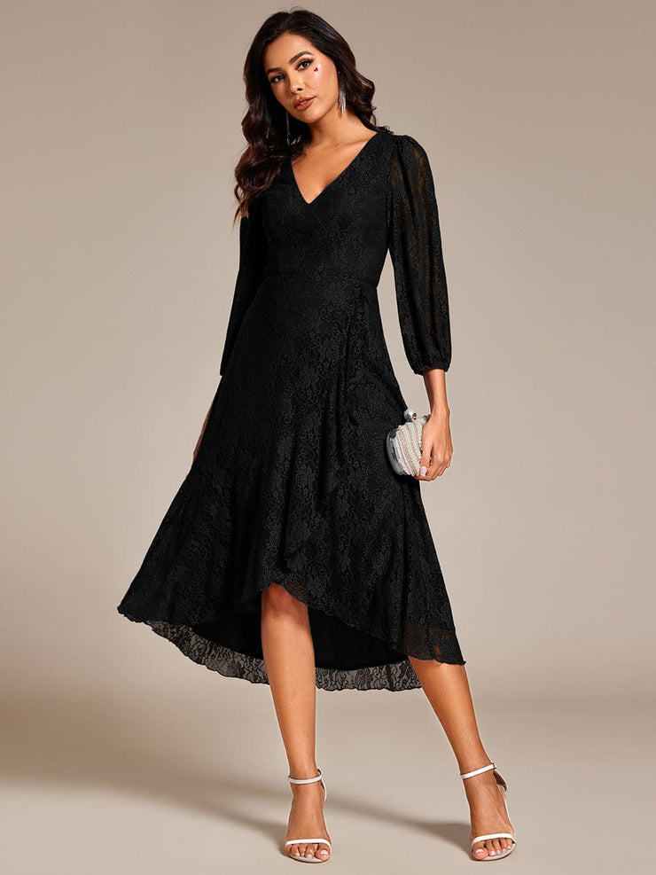 Romantic Long Sleeve High-Low Lace Wedding Guest Dress with Ruffle Details