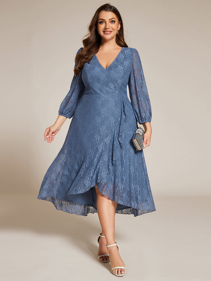 Plus Size Long Sleeve High-Low Lace Wedding Guest Dress with Ruffle Details