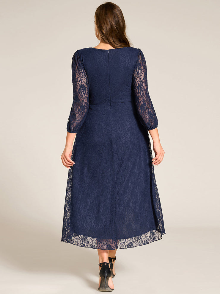 Plus Size Long Sleeve High-Low Lace Wedding Guest Dress with Ruffle Details