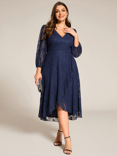 Plus Size Long Sleeve High-Low Lace Wedding Guest Dress with Ruffle Details