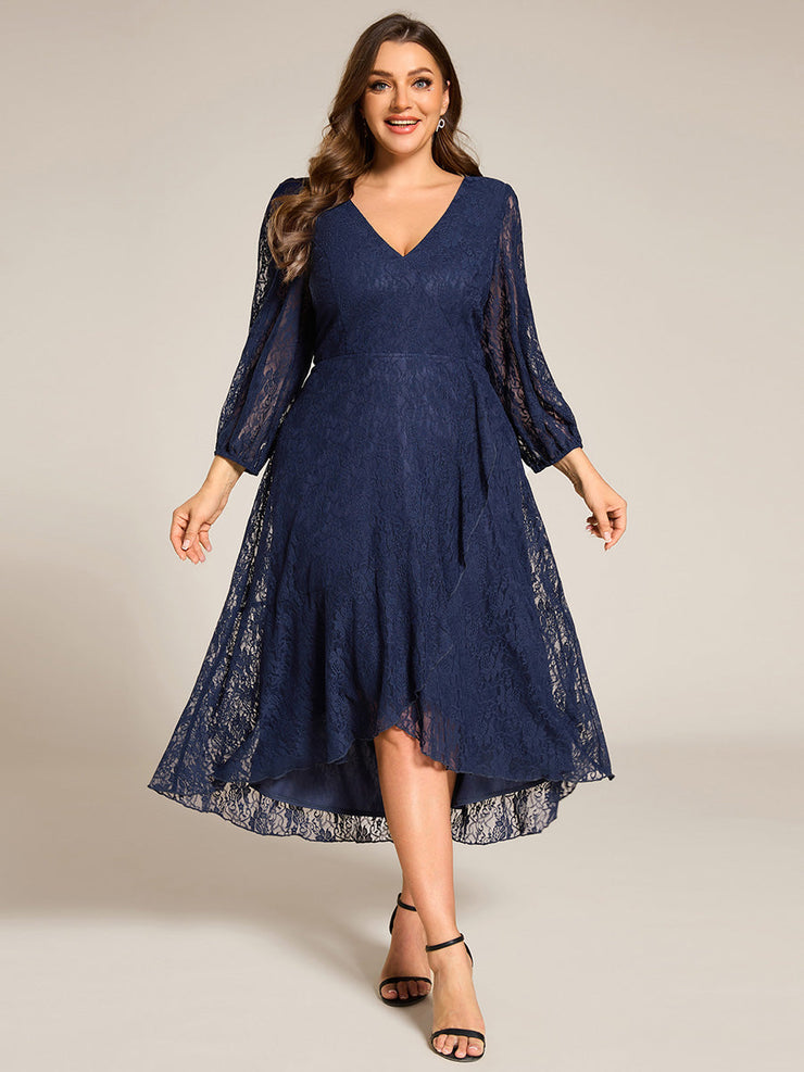 Plus Size Long Sleeve High-Low Lace Wedding Guest Dress with Ruffle Details