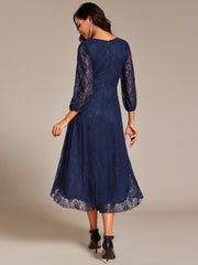 Romantic Long Sleeve High-Low Lace Wedding Guest Dress with Ruffle Details