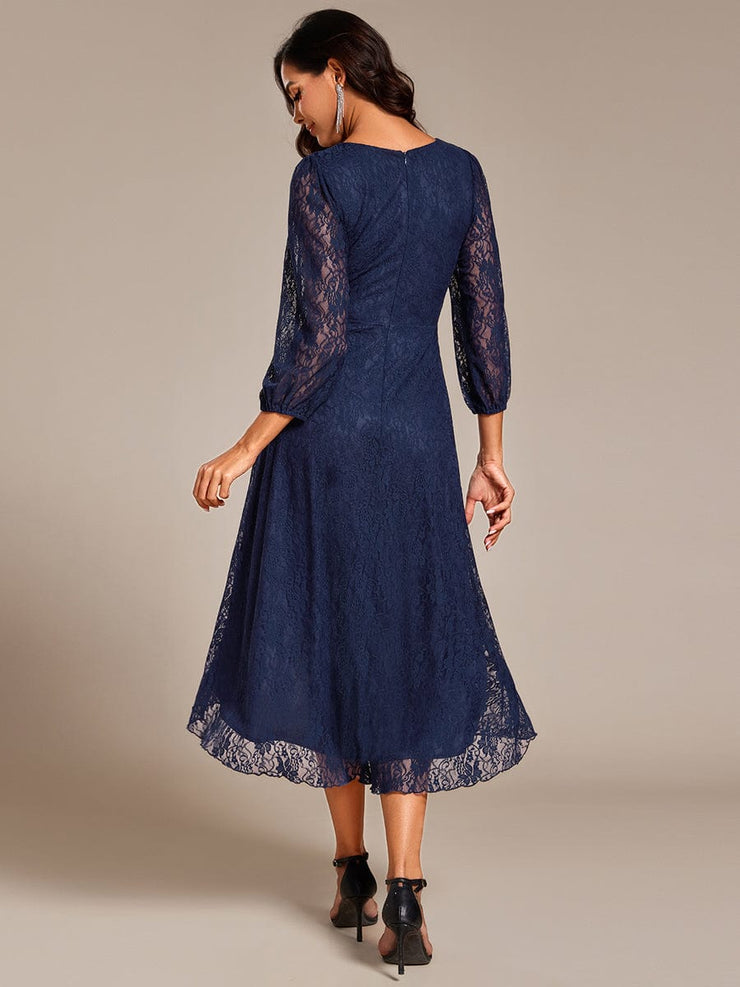 Romantic Long Sleeve High-Low Lace Wedding Guest Dress with Ruffle Details