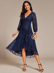 Romantic Long Sleeve High-Low Lace Wedding Guest Dress with Ruffle Details