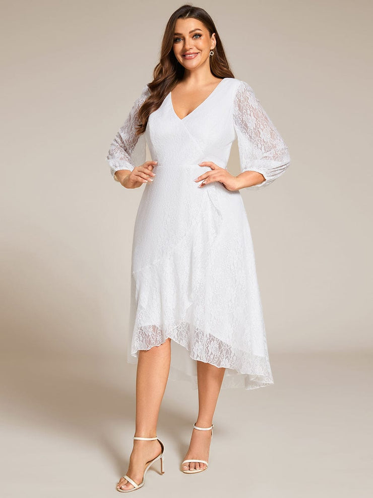 Romantic Long Sleeve High-Low Lace Wedding Guest Dress with Ruffle Details