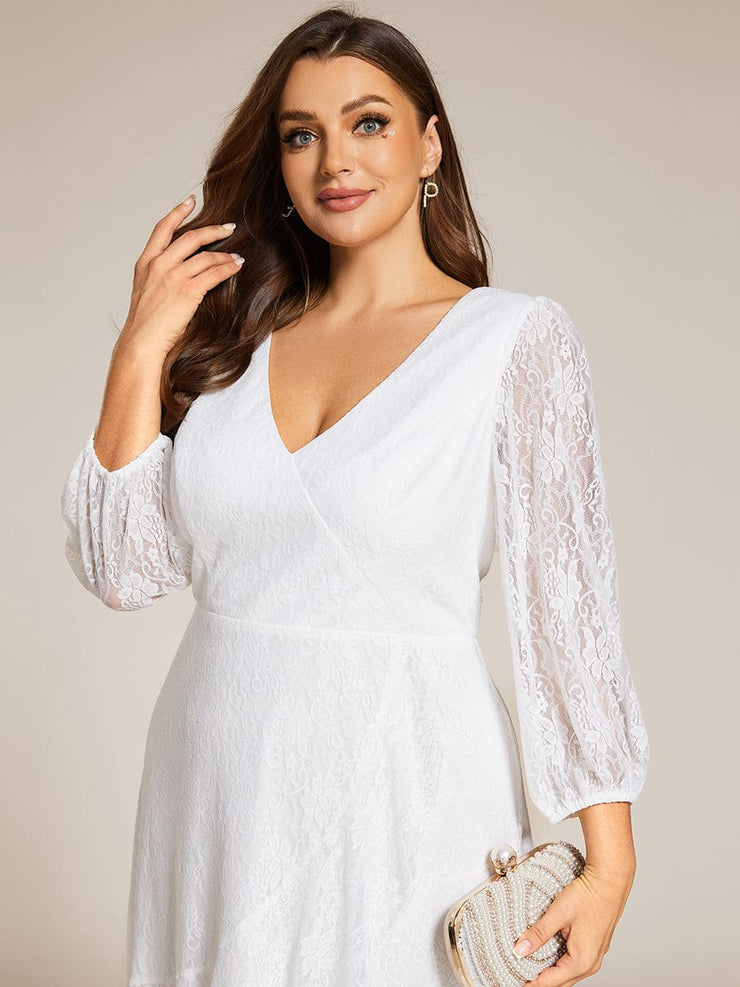 Romantic Long Sleeve High-Low Lace Wedding Guest Dress with Ruffle Details