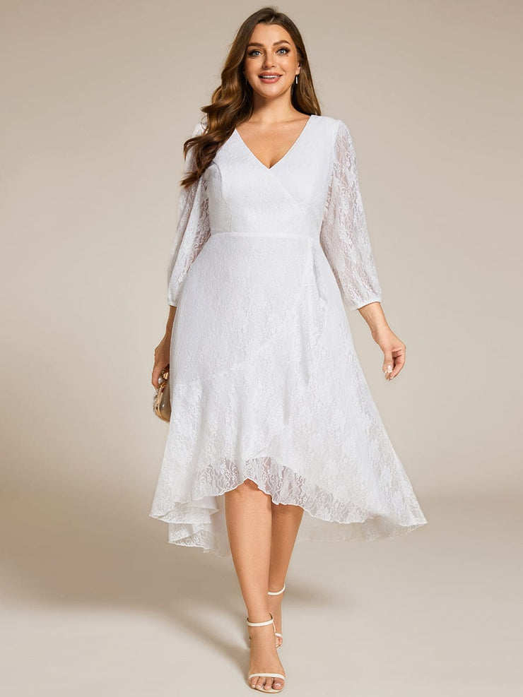 Romantic Long Sleeve High-Low Lace Wedding Guest Dress with Ruffle Details